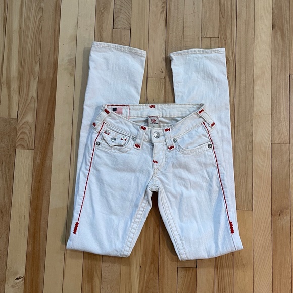 True Religion White Billy Low Rise Jeans with Red and Cream Stiching - Size 24 - Picture 2 of 16